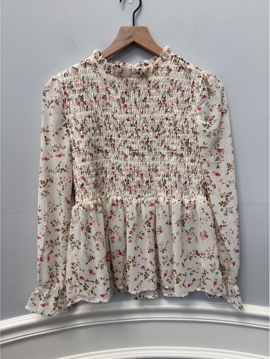 Tops - Mi Ami Cottagecore Floral All-Over Smocked Ruffle Top Ivory Pink XS
